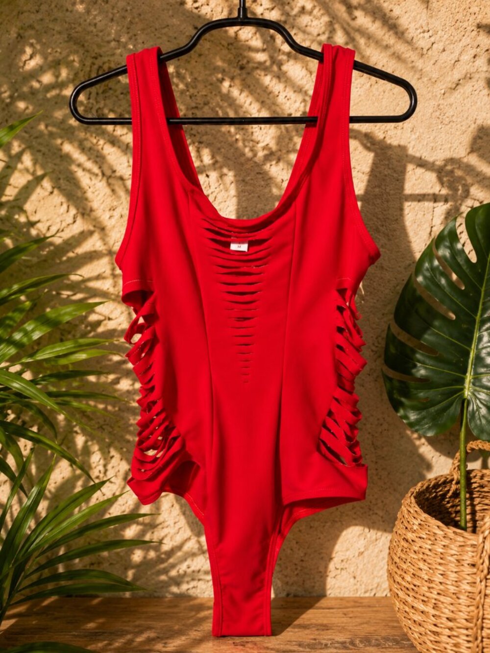 Red Cutout Bodysuit | Size Medium | Shredded Distressed Festival One-Piece